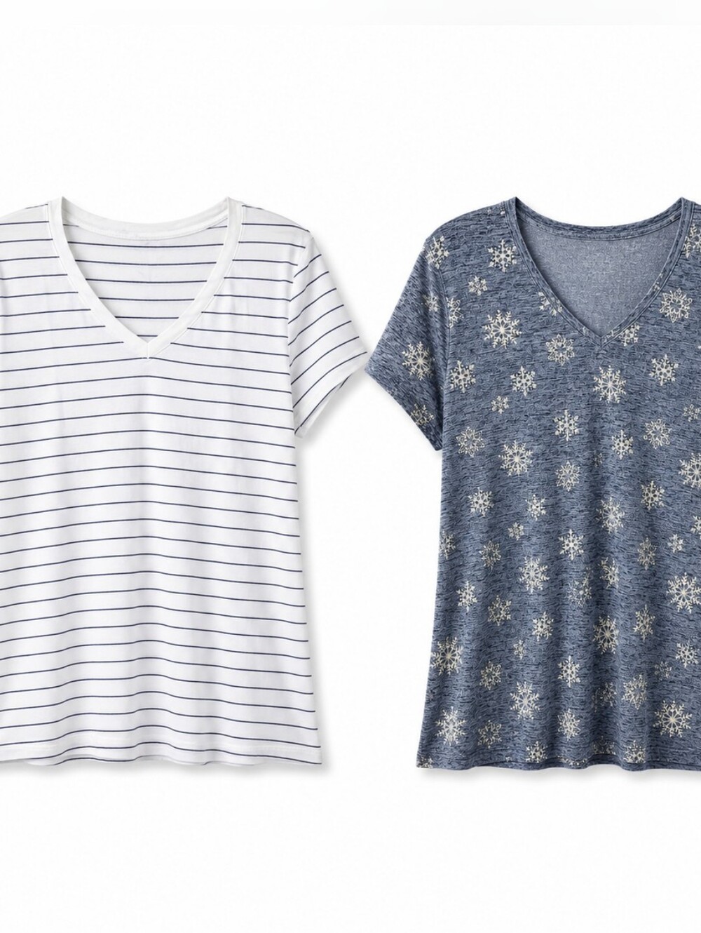 2 Piece Size L V-Neck T-Shirt Lot Striped Snowflake Casual Coastal Winter